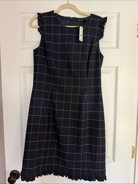 Brooks Brothers Navy and White Windowpane Ruffle-Trim Dress NWT